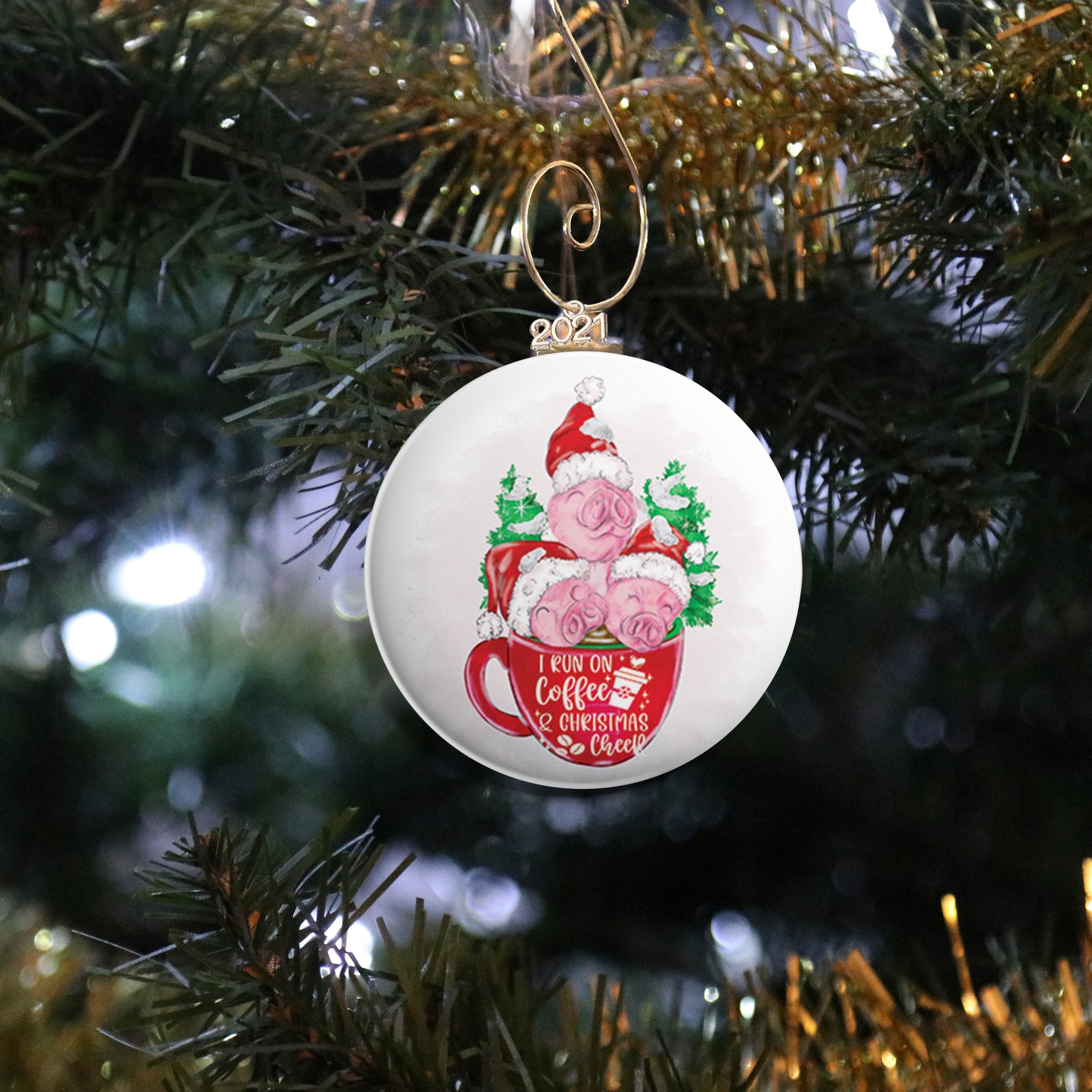 I Run on Coffee and Christmas Cheer Three Pigs Ornament