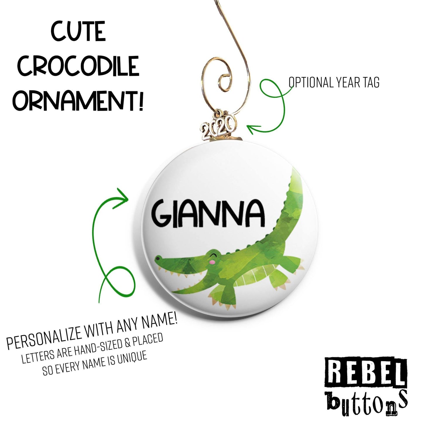Personalized Crocodile Ornament - REBEL BUTTONS